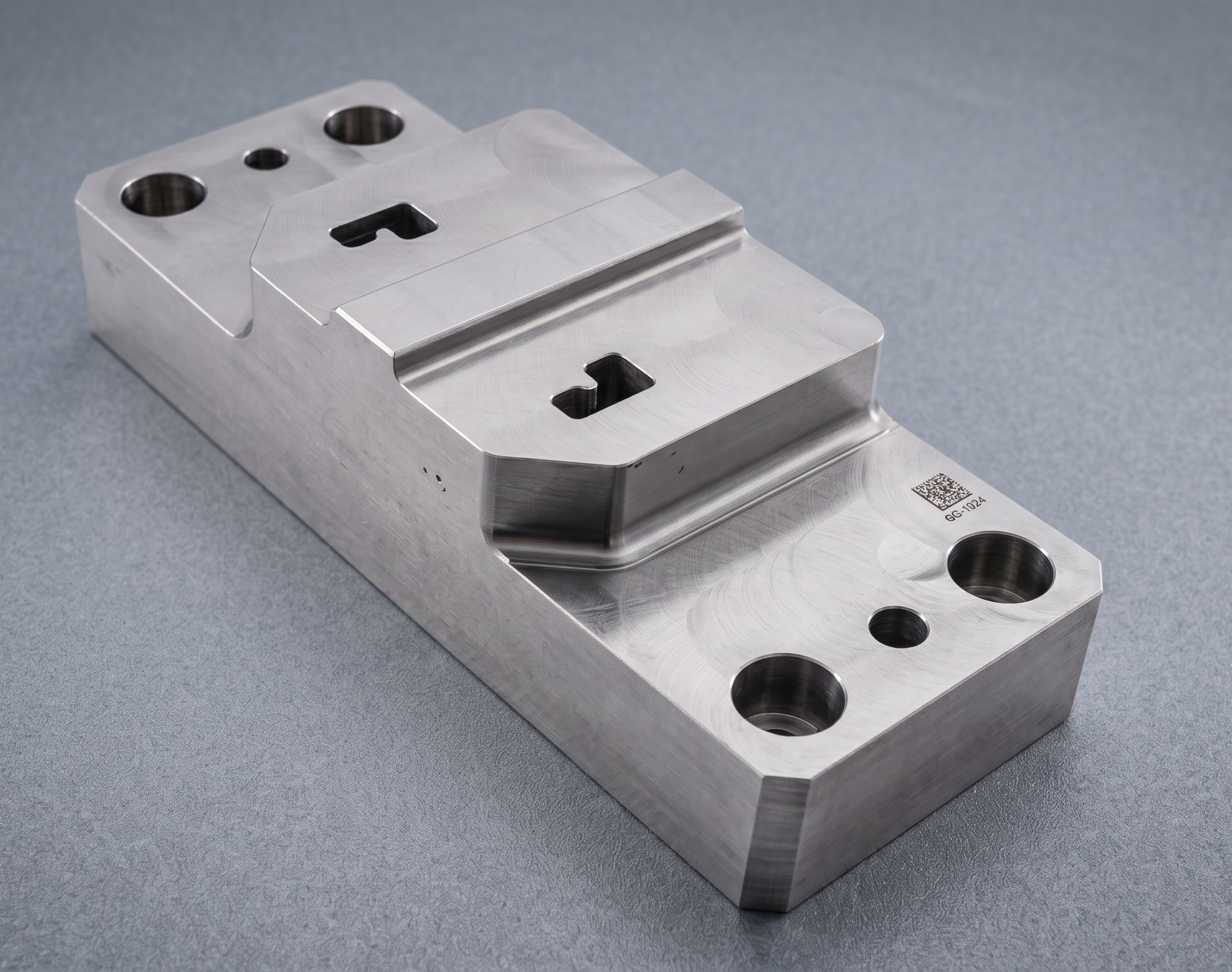 Bloco estrutural metálico usinado em fresadora CNC com furação e gravação a laser